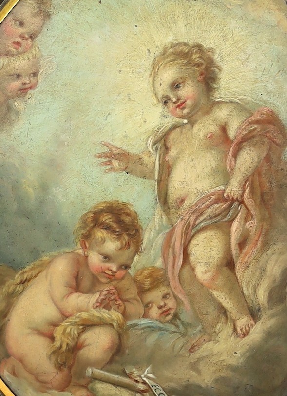 After Francois Boucher (French, 1703-1770), Celestial scene - The infant Jesus blessing St. John the Baptist, with a banner - ‘’Ecce Angus Dei’’ [Behold the Lamb of God], oil on canvas laid down, 21 x 17cm, framed to the